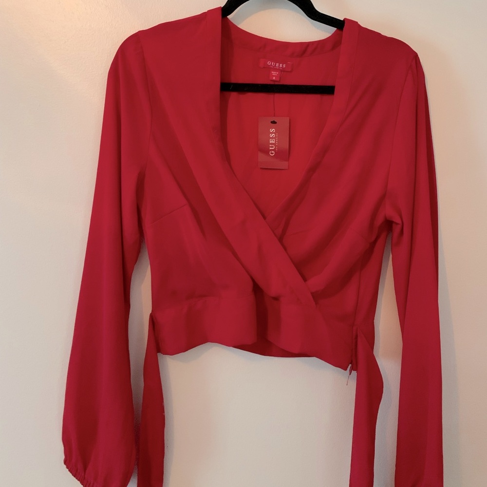 NWT Guess red long sleeve blouse with tie around waist